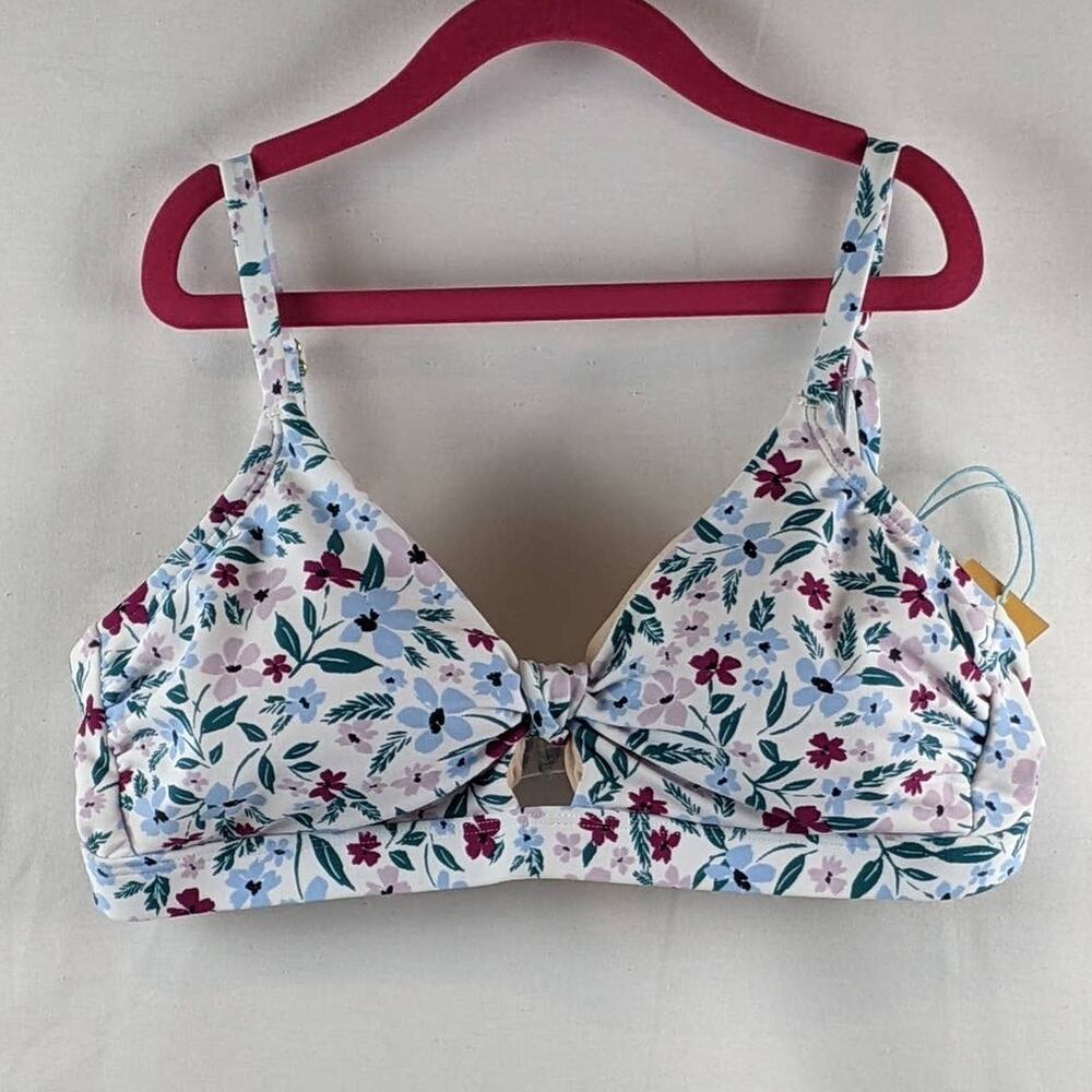Kona Sol Floral Knot Front Bikini Top M White Pink Plants Swimsuit Beach Keyhole
